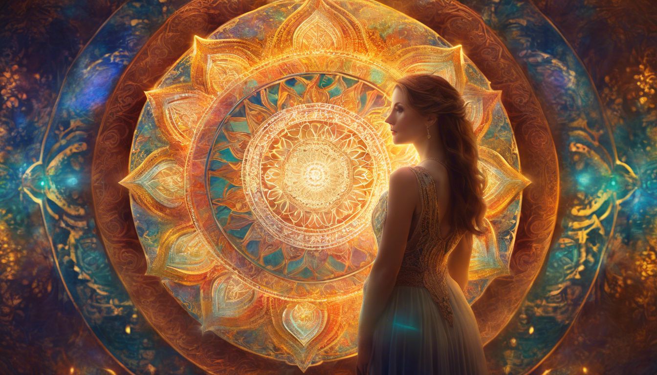 A woman gazes in wonder at a complex mandala symbolizing abundance and balance.