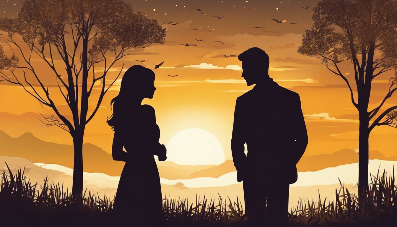 A couple embraces in a field at sunset, connected with nature.