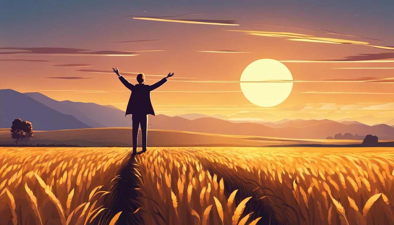 A person standing in a wheat field, looking up at the sky.