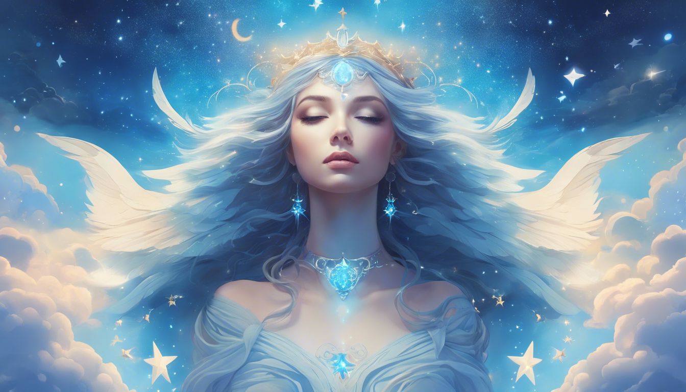 A serene angelic figure surrounded by celestial elements and ethereal light.