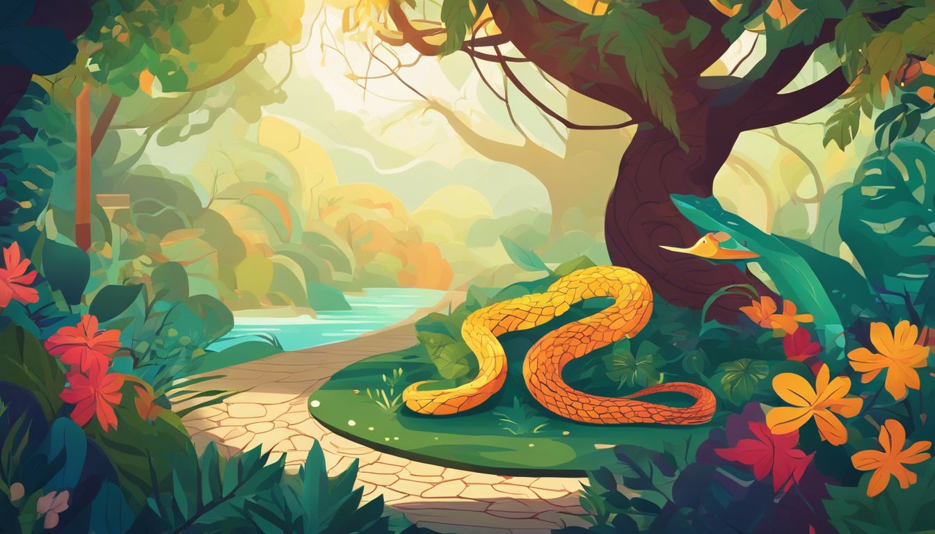 A serpent coiled around a mystical ancient garden tree.