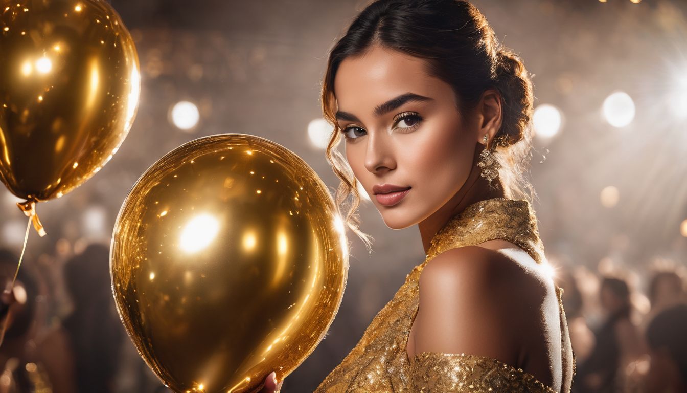 An elegant woman holding a golden balloon in a luxurious party setting.