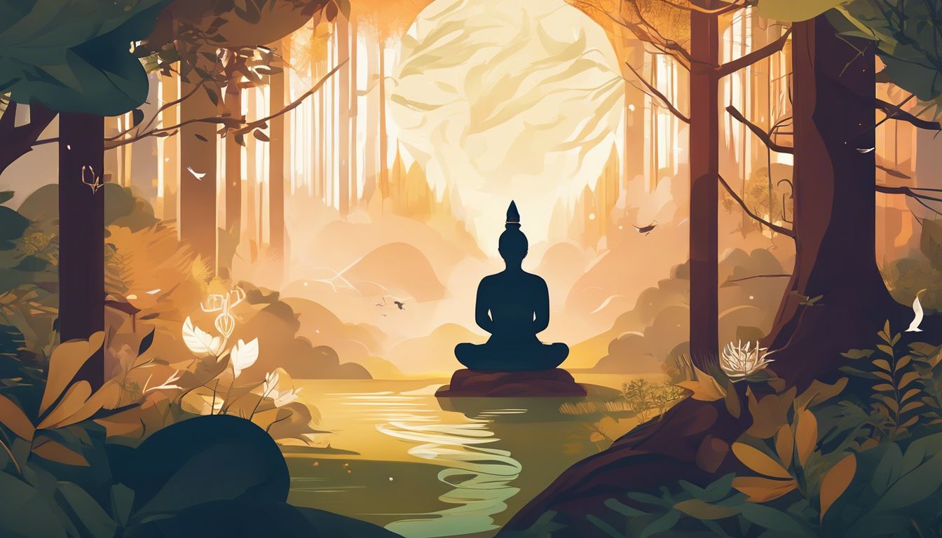 A person meditates surrounded by ancient symbols in a tranquil forest.