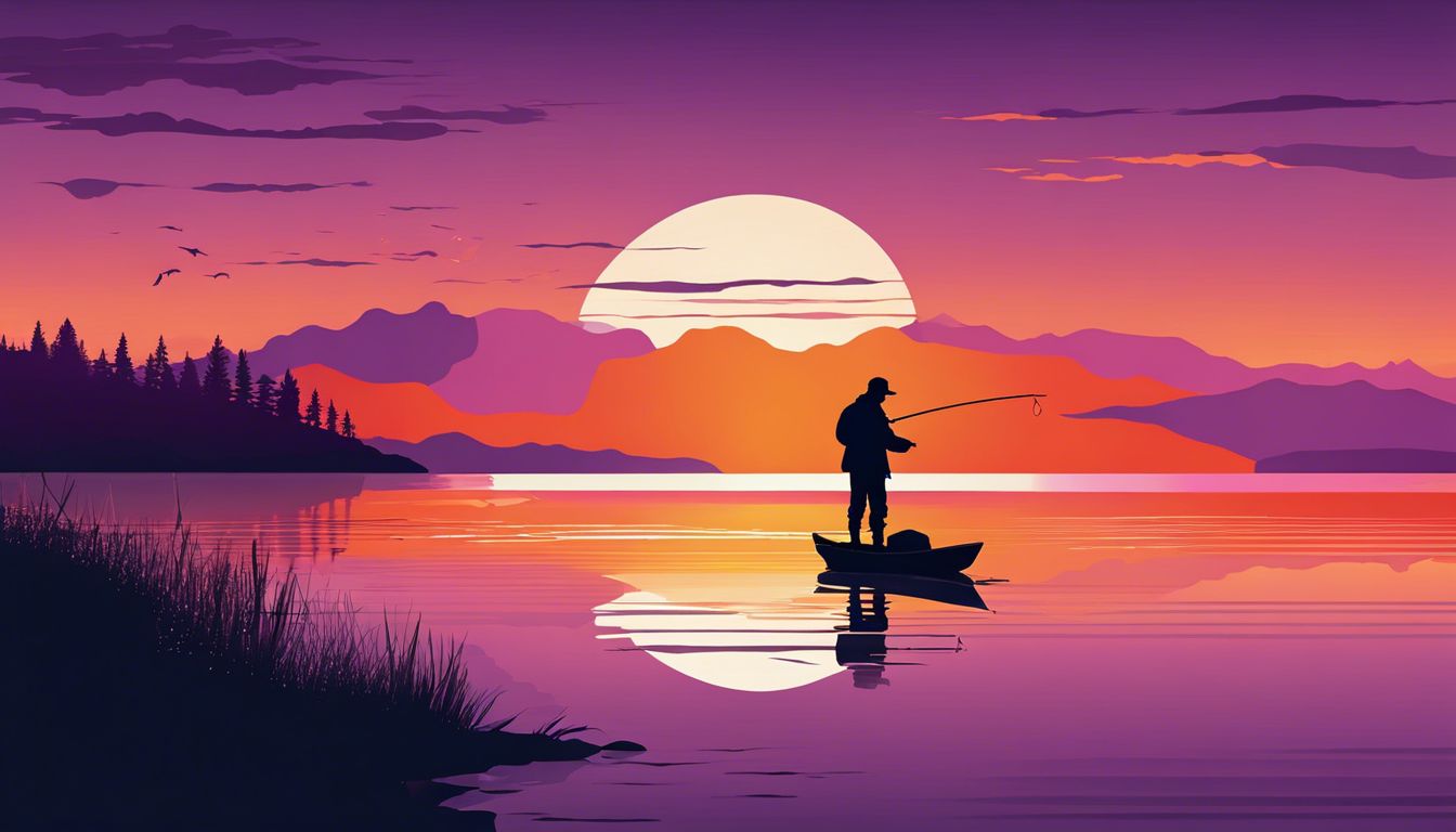 A serene sunset lake scene, with a lone fisherman in silhouette.