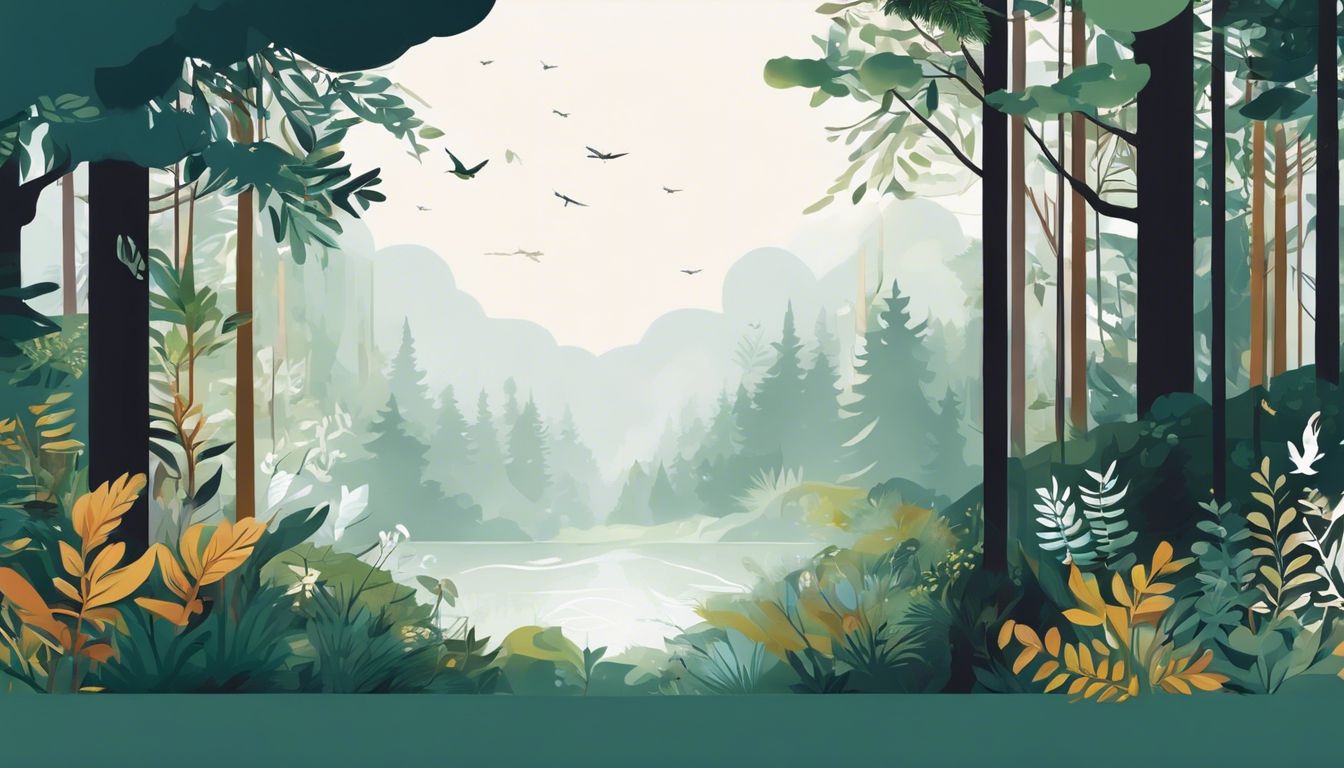 A serene forest with angel numbers and mystery in flat design.