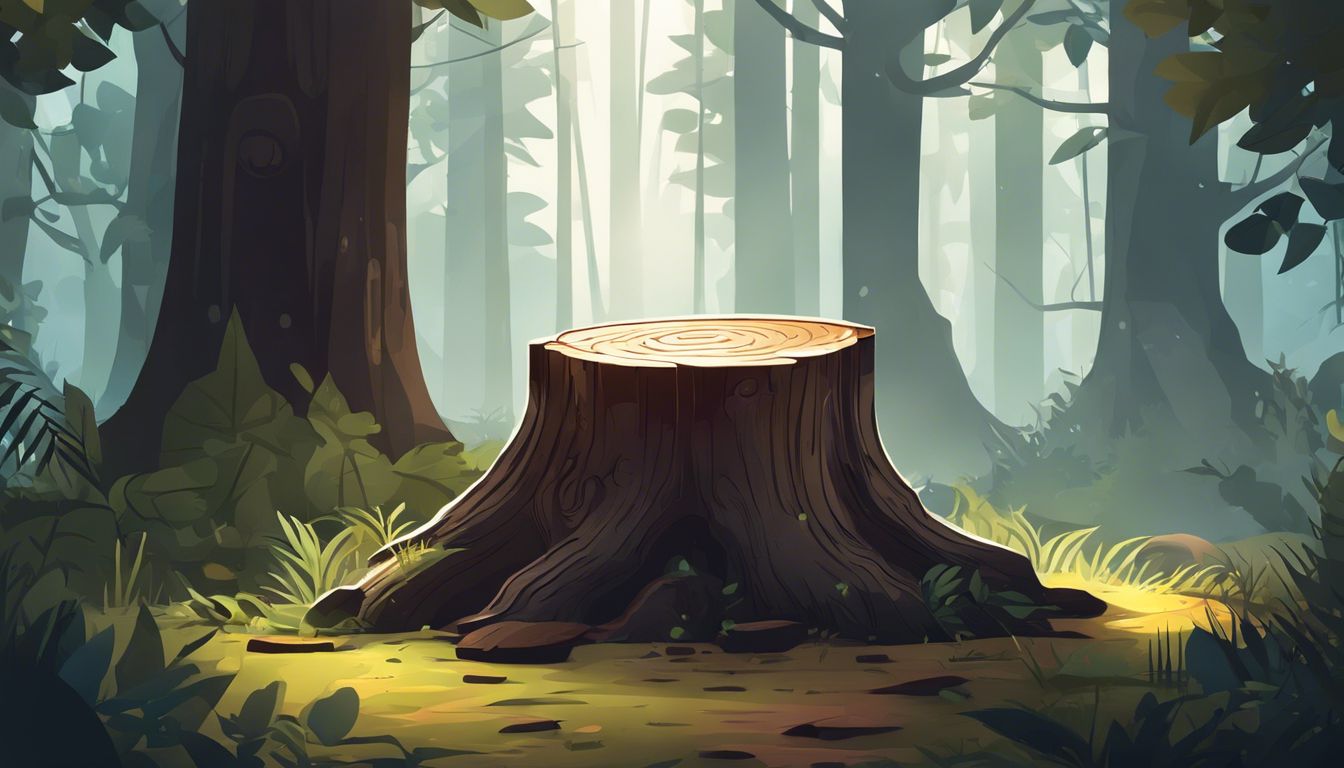 A nickel on a tree stump in a mystical forest setting.