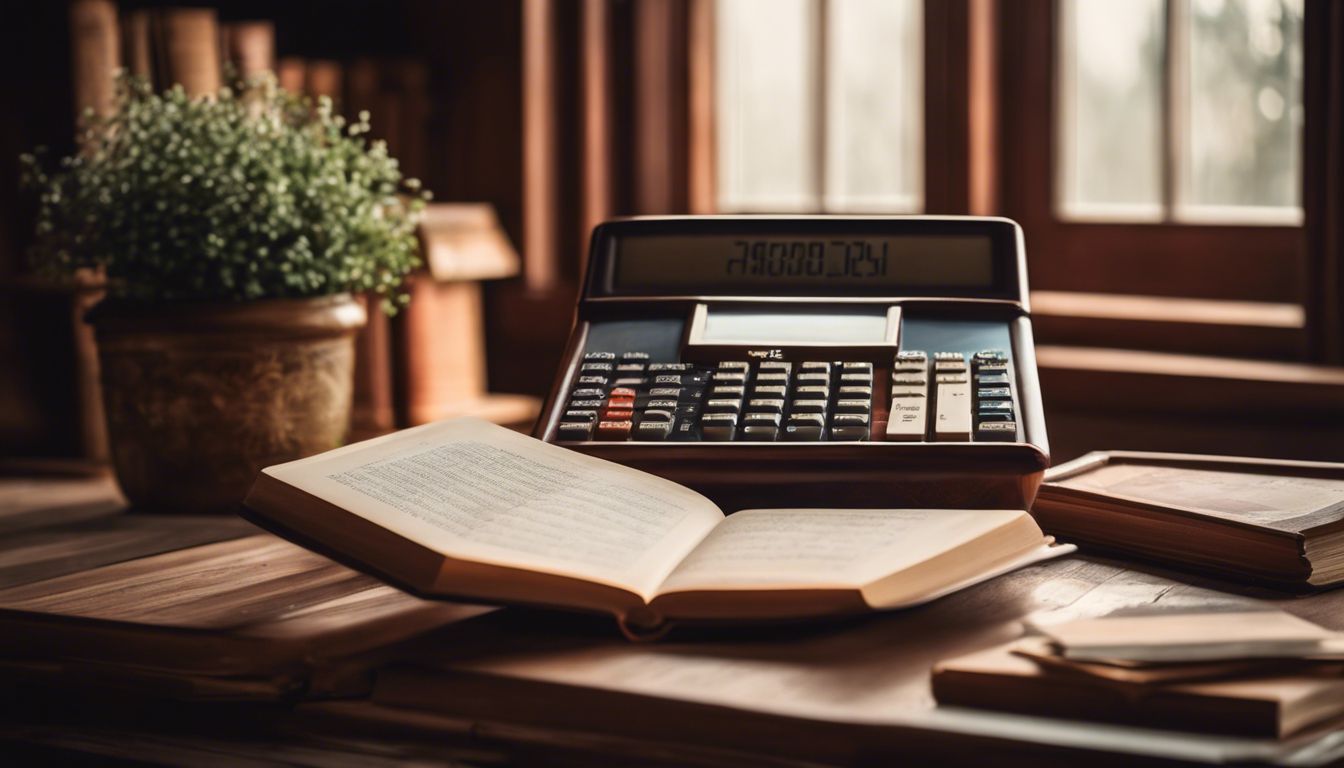 A vintage calculator surrounded by numerology books in a cozy study room with wooden furniture and antique decor.