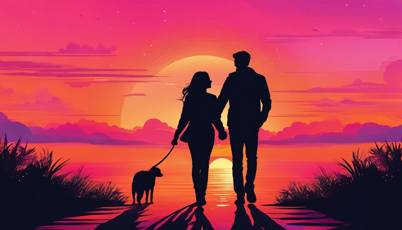 A couple walking hand in hand at sunset, silhouetted against vibrant sky.