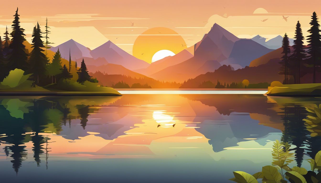 A serene sunrise over a tranquil mountain range and calm lake.