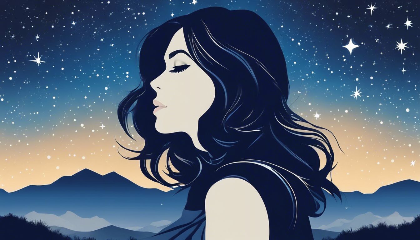 A woman with striking blue eyes gazing at starry night sky.