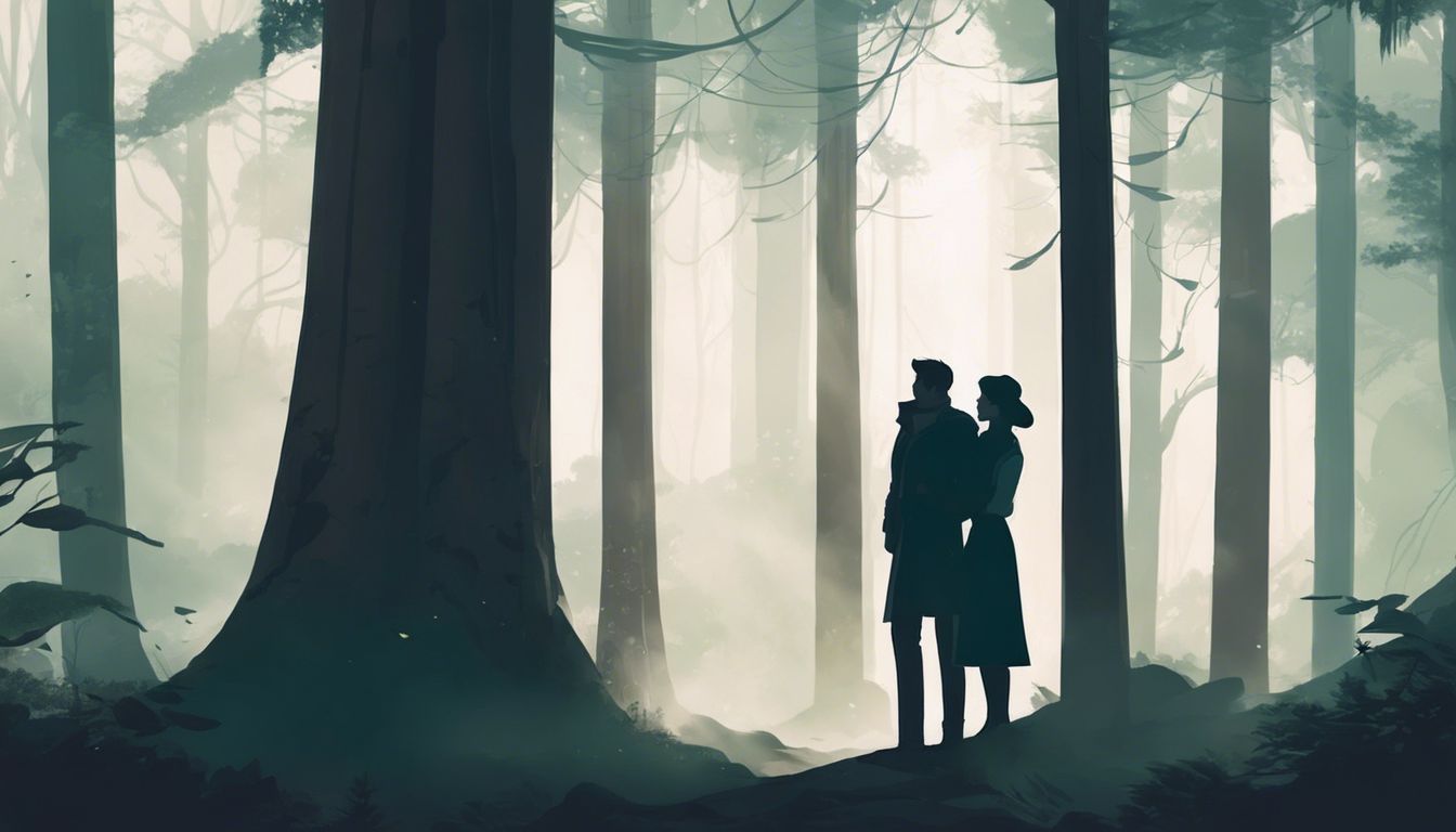 A couple standing in a misty forest, surrounded by ancient trees.