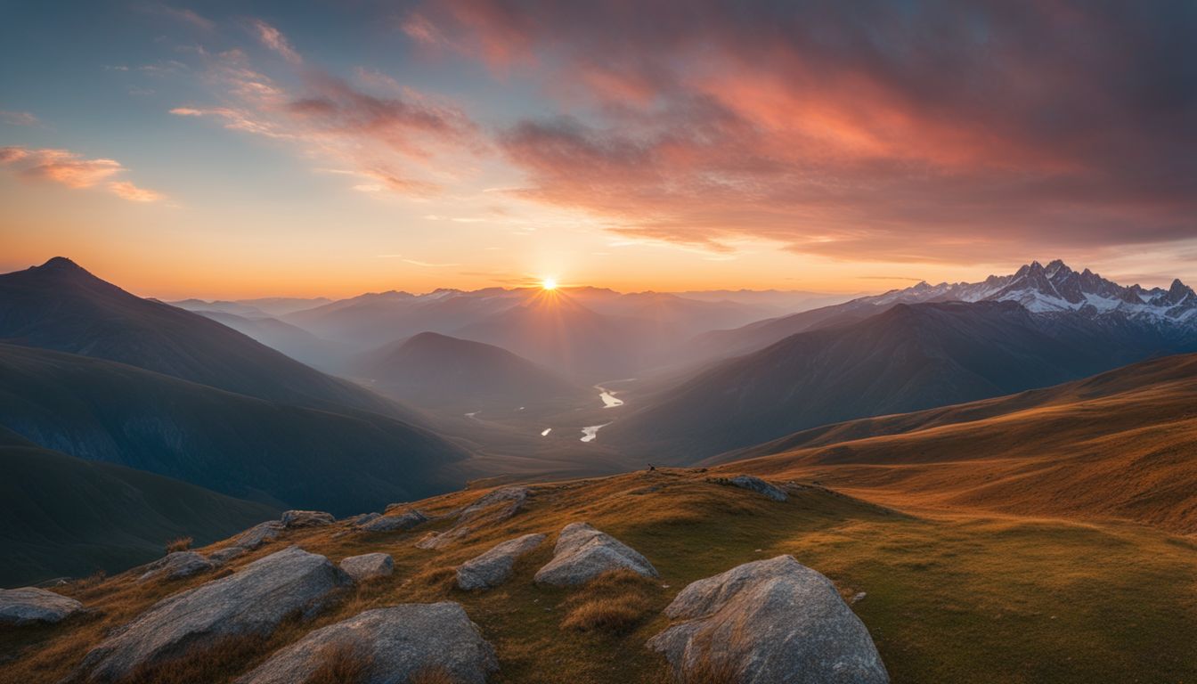 A serene sunrise over a peaceful mountain landscape with diverse people.