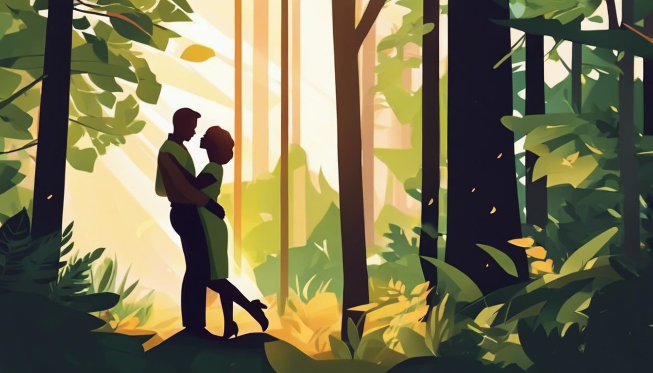 A couple embracing in a sunlit forest clearing.