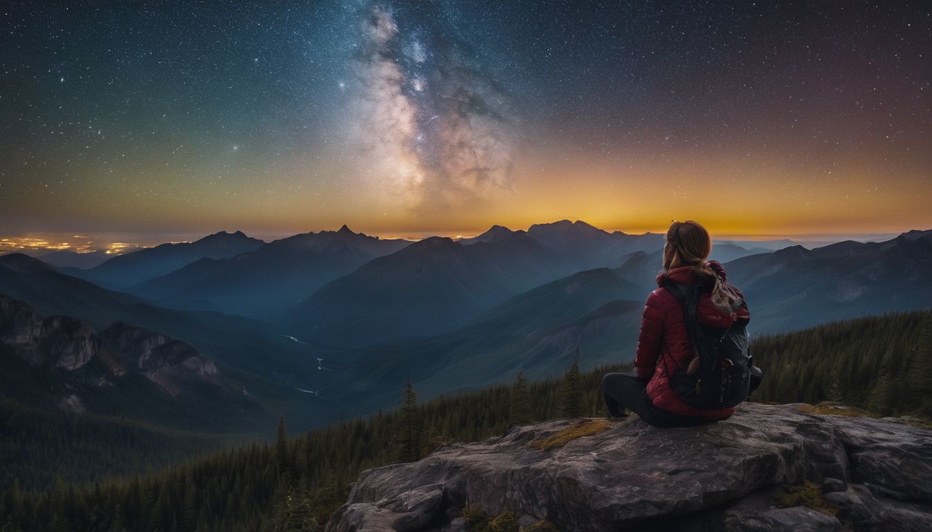 A person admiring a star-filled sky surrounded by nature.