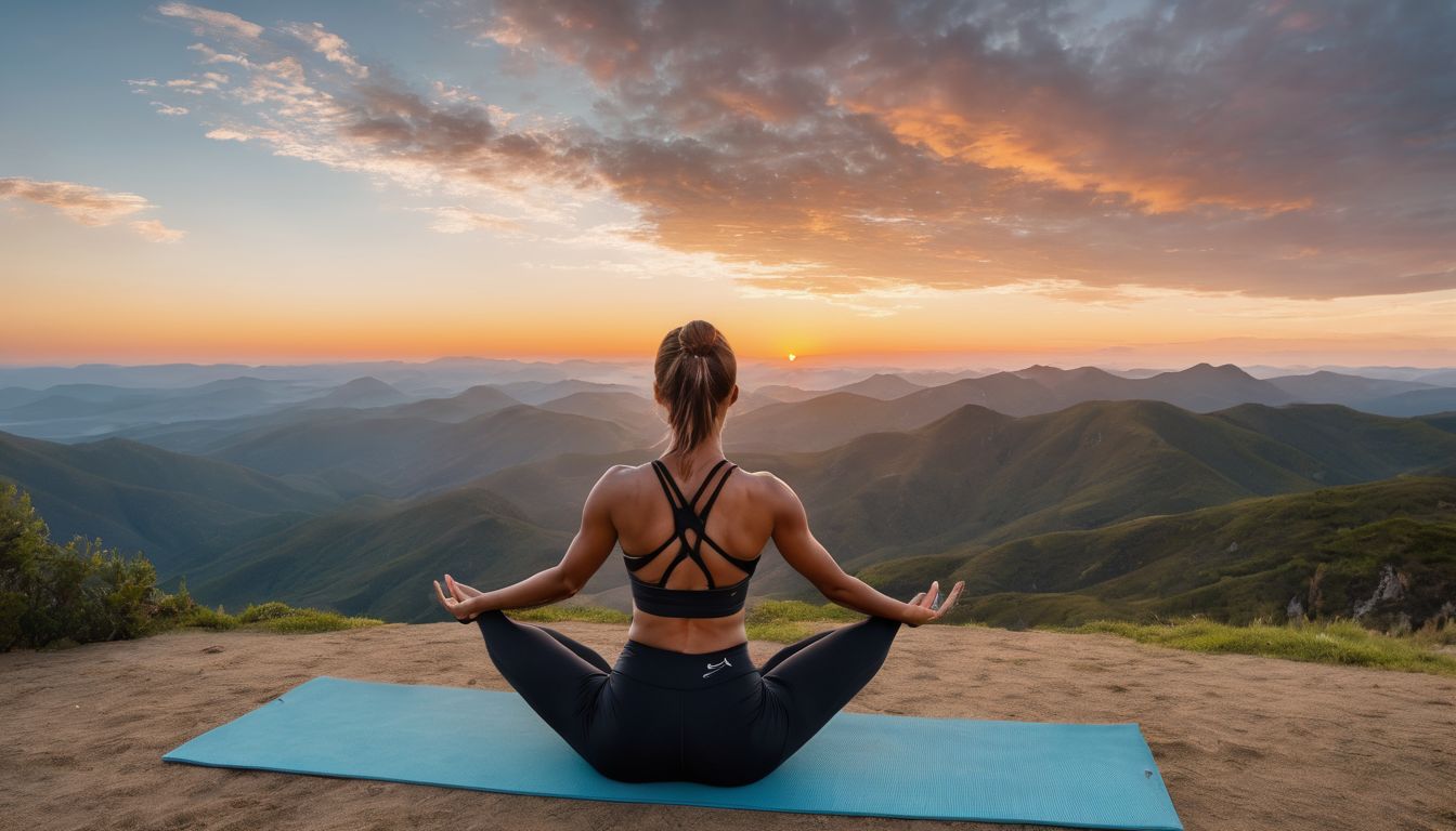 A person doing yoga at sunrise in a tranquil outdoor environment.