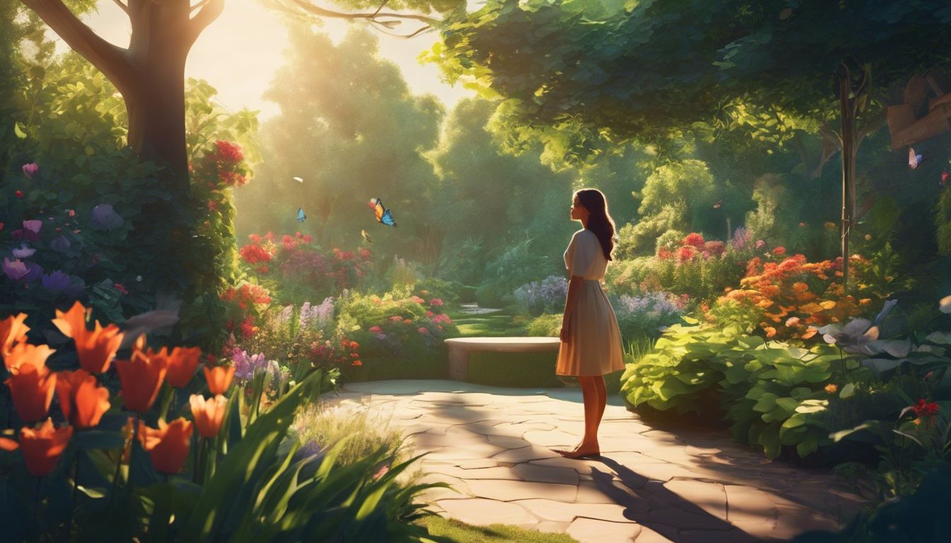 A woman standing in a lush garden surrounded by nature.