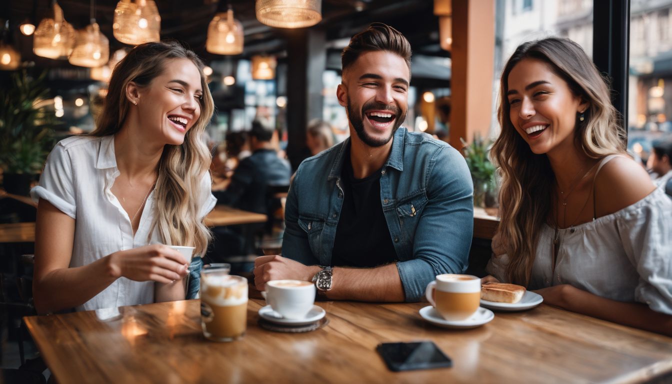 Three friends enjoying coffee and conversation in a bustling city cafe.