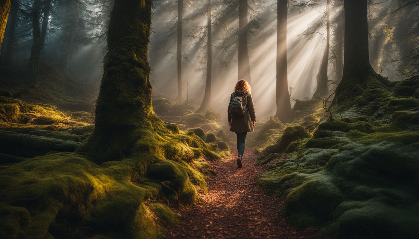 A person walking alone in a mystical forest surrounded by spiritual symbols.