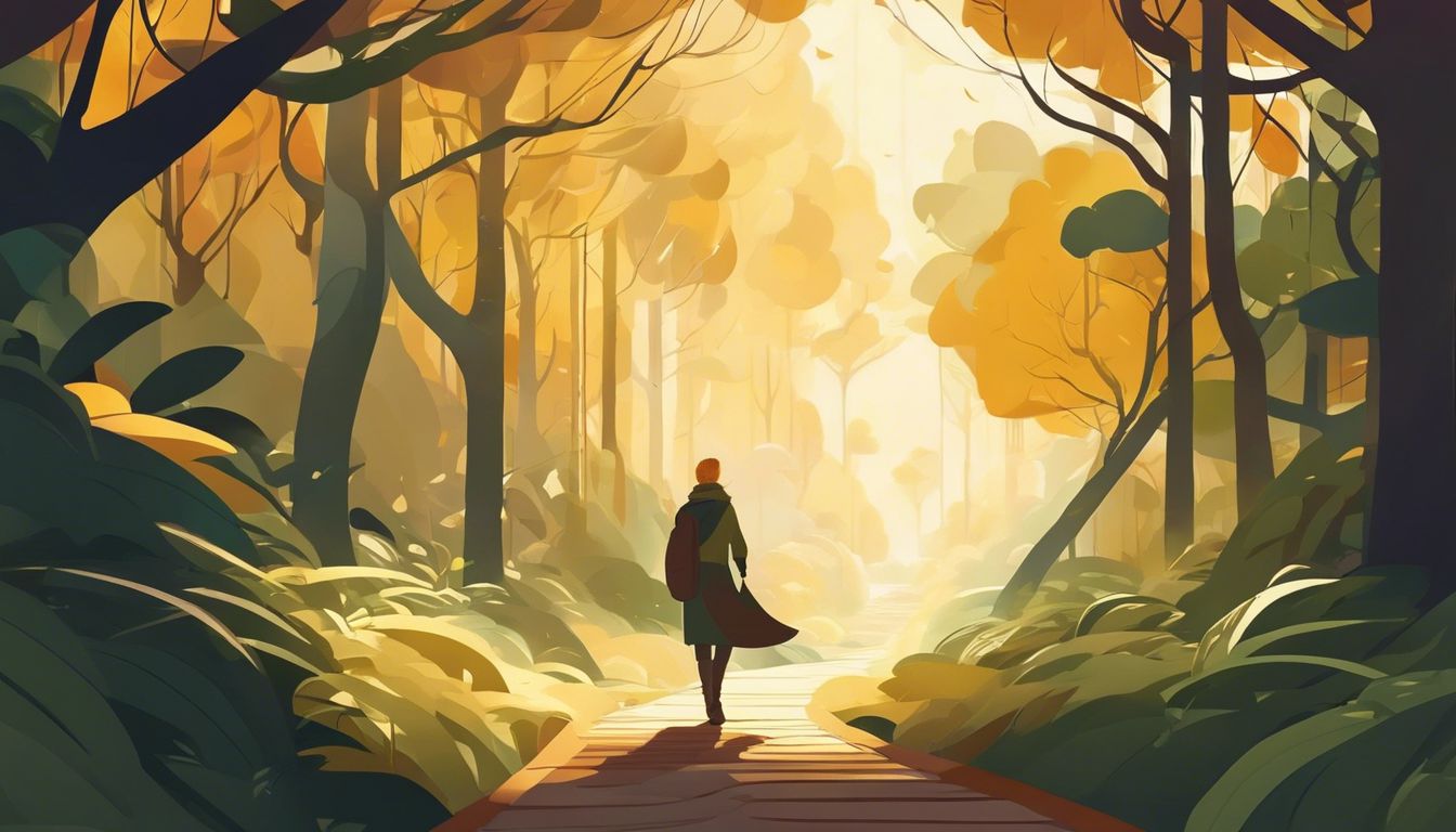 A person walking through a mystical forest with ancient trees.