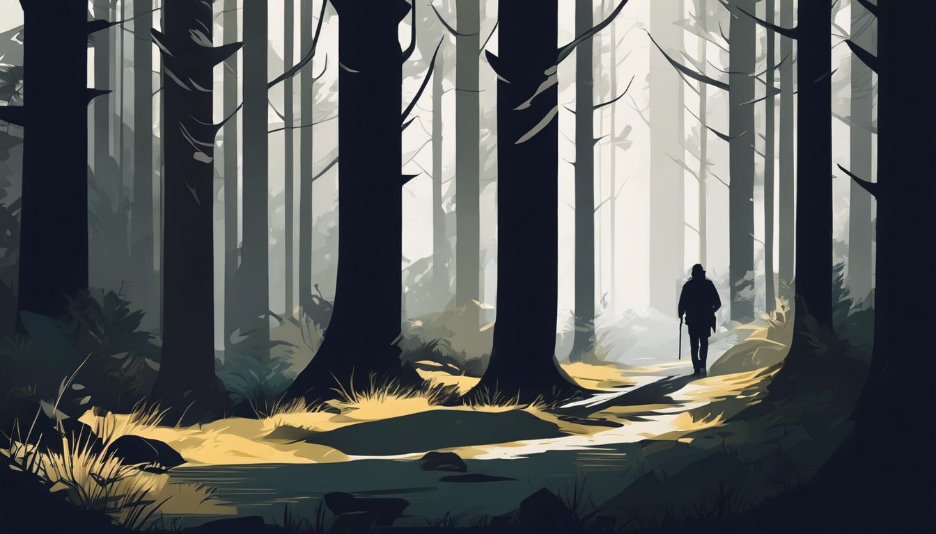 A person walking through a dark, ominous forest.