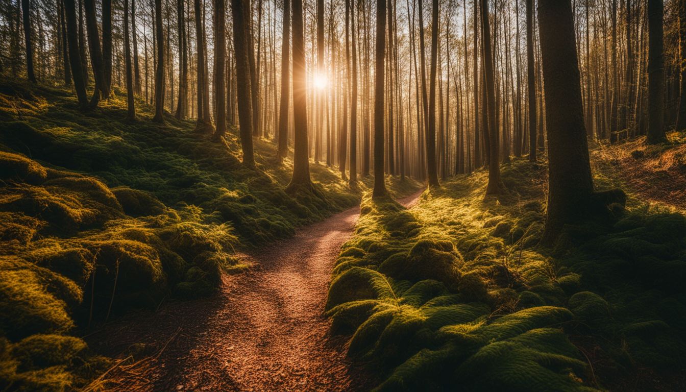 A vibrant forest path with diverse people and stunning natural lighting.