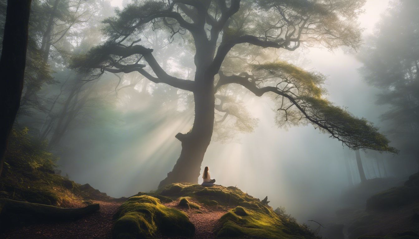 A woman meditating in a serene forest setting.