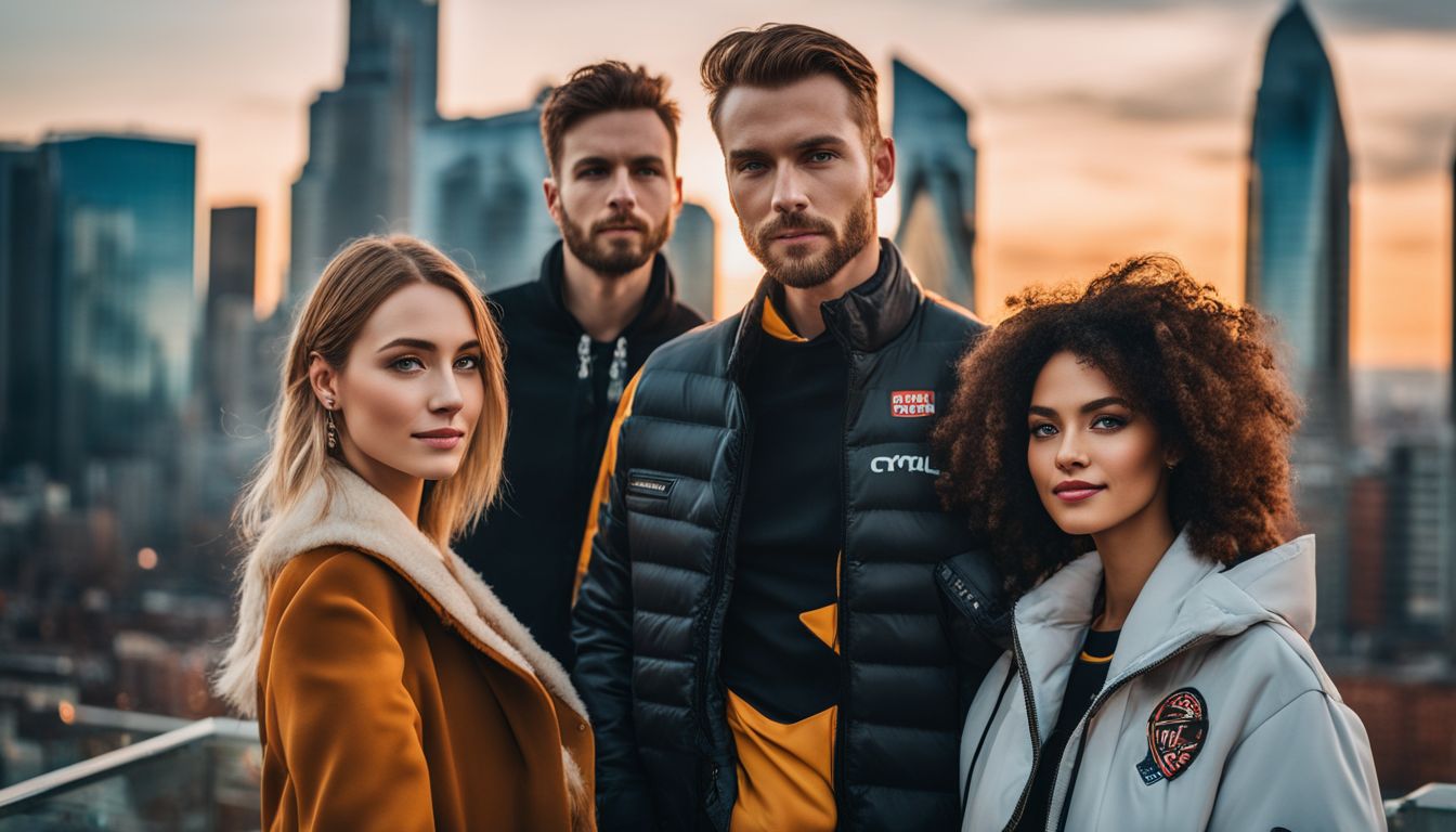 Three people wearing different brand logos in a city backdrop.