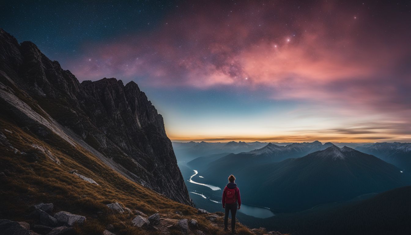 A person stands on a mountain peak, gazing up at the stars.