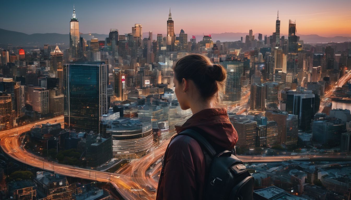 A person standing at a crossroads surrounded by numbers and symbols.