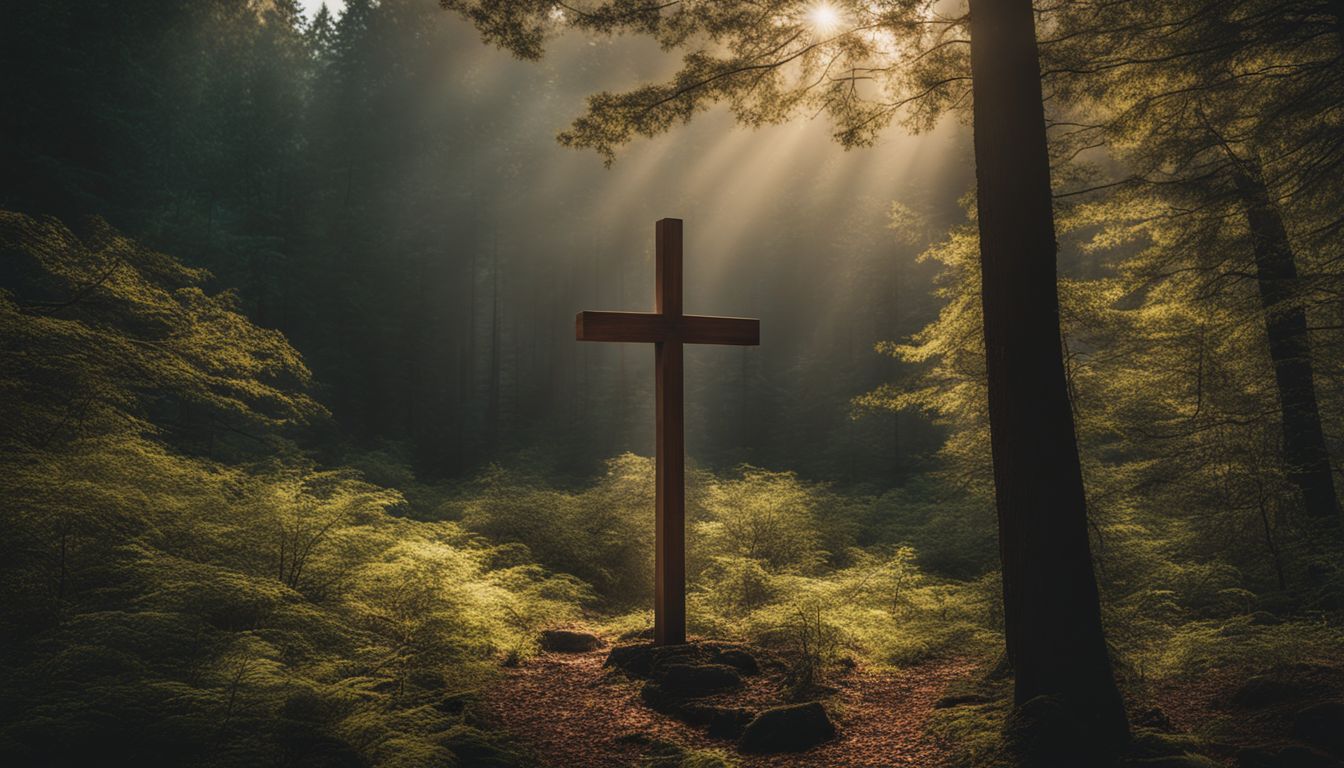 A wooden cross standing in a peaceful forest clearing.