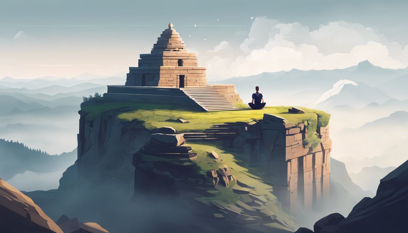 A person meditating on a mountaintop surrounded by ancient ruins.