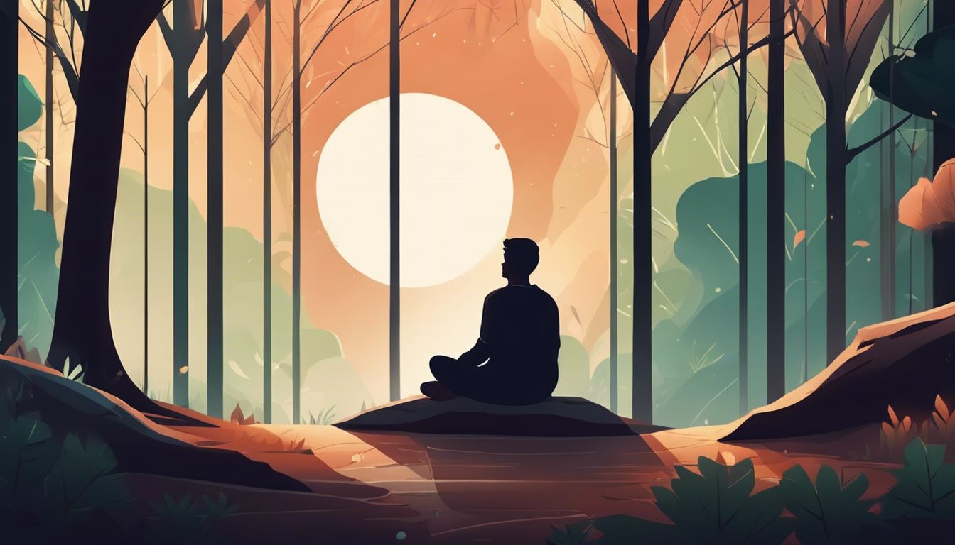 A person sitting alone in a serene forest surrounded by trees.