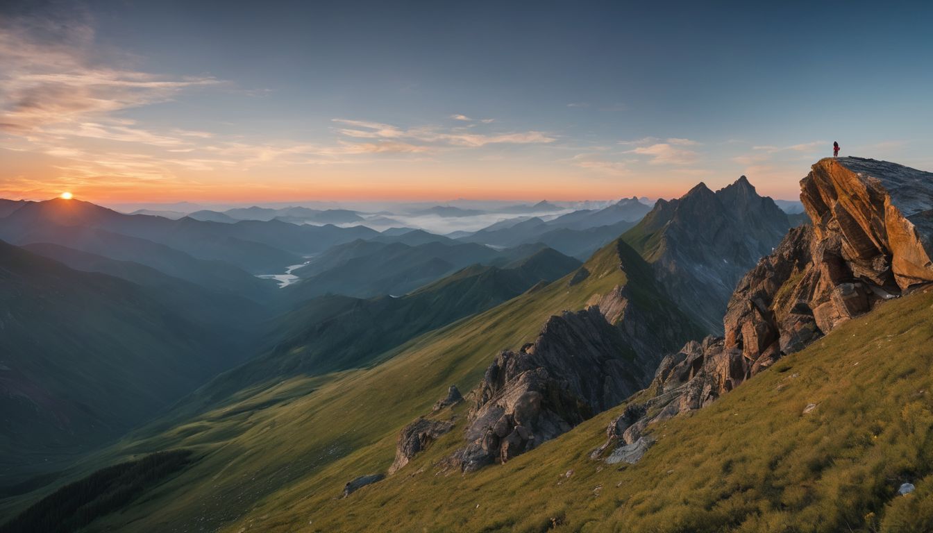 A person stands alone on a mountaintop at sunrise, contemplating life's journey.