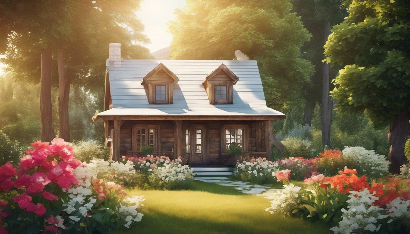 A wooden house number 6 surrounded by blooming flowers in a peaceful garden.