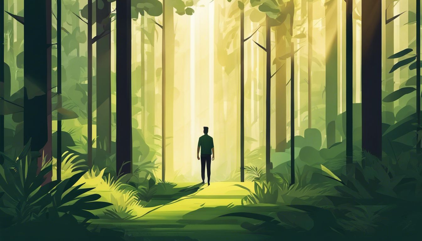 A person standing in a lush forest surrounded by sunlight.