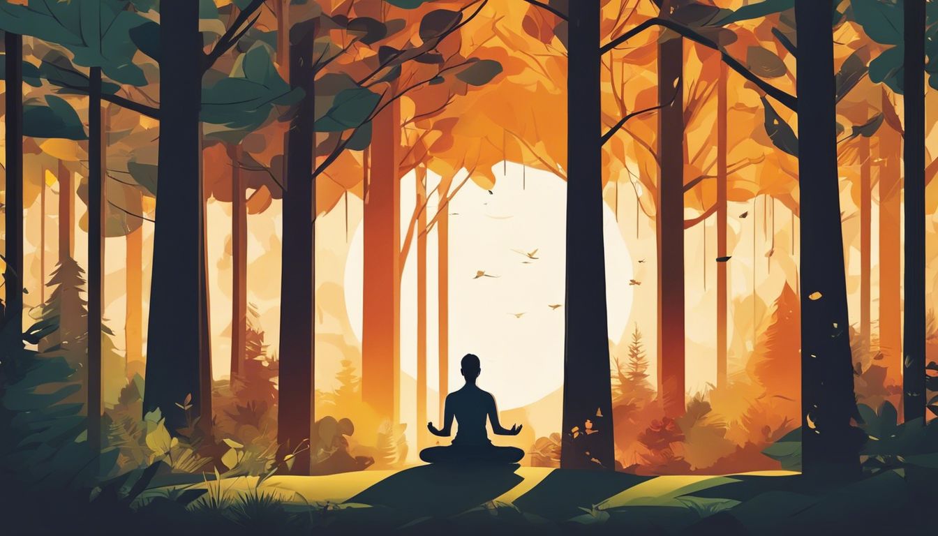 A person meditating in a peaceful forest clearing at sunset.