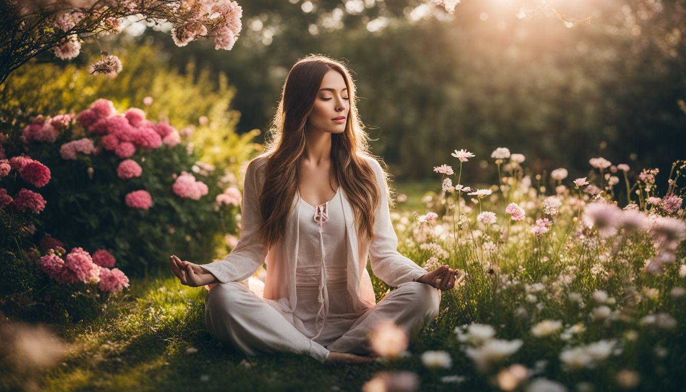 A woman meditates in a flower garden surrounded by lush blooms.