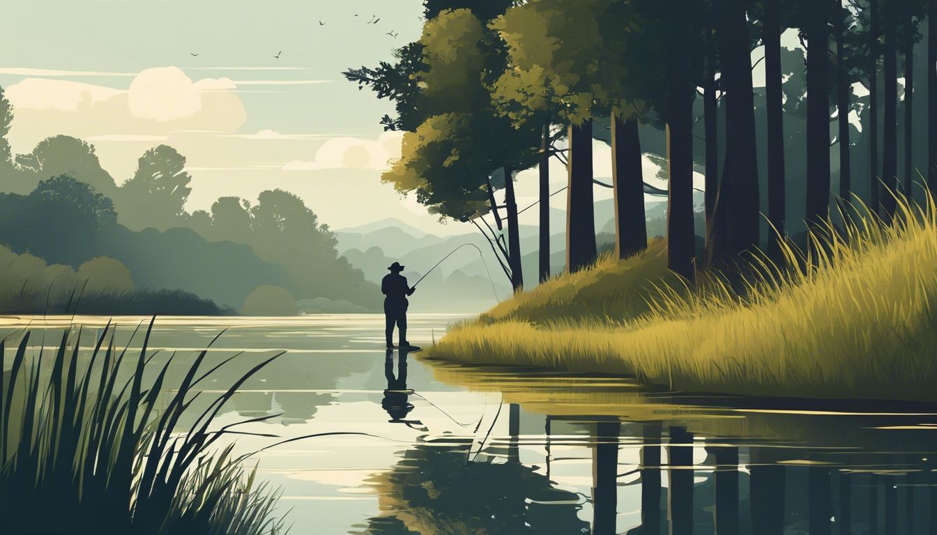 A person fishing on a peaceful riverside surrounded by nature.