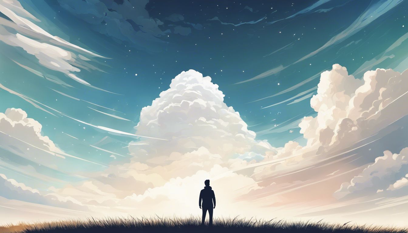 A person gazes up at the angelic cloud formations in an open field.