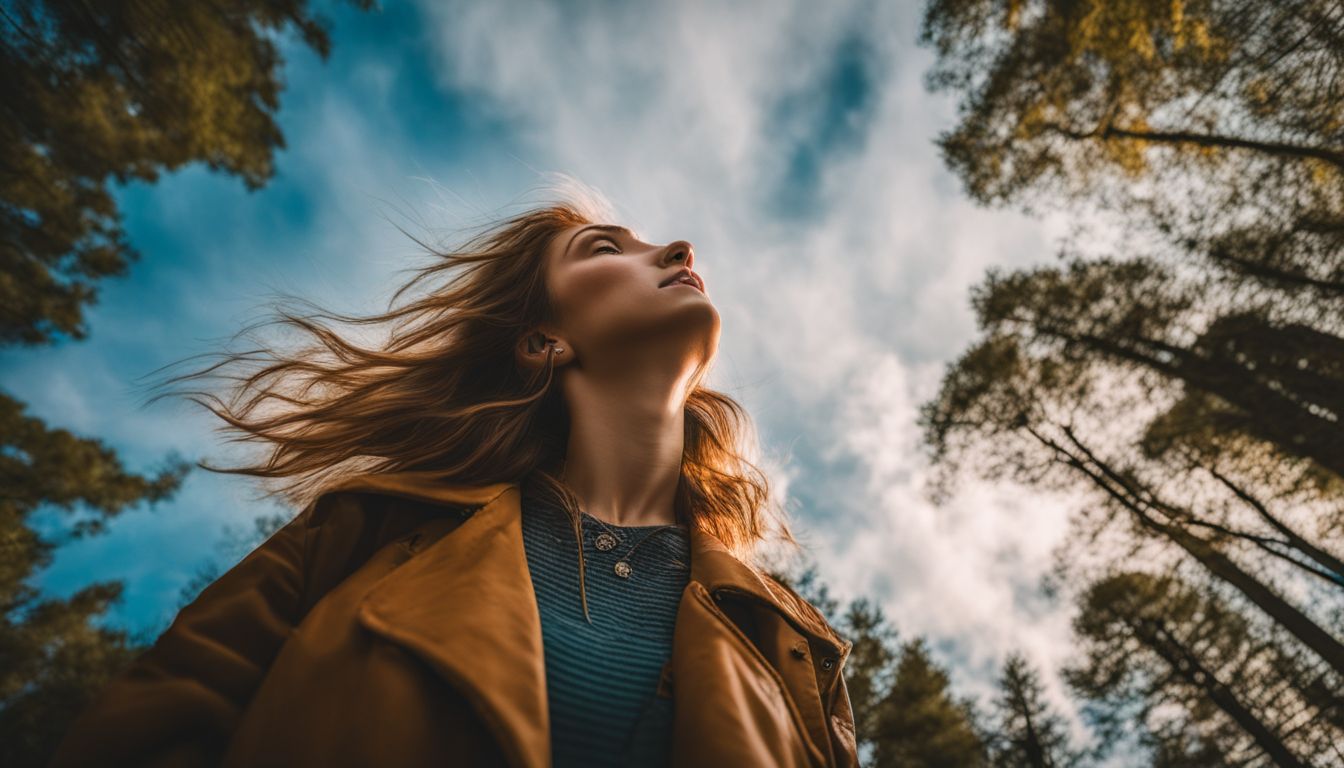 A person standing in nature, looking up at the sky with awe.