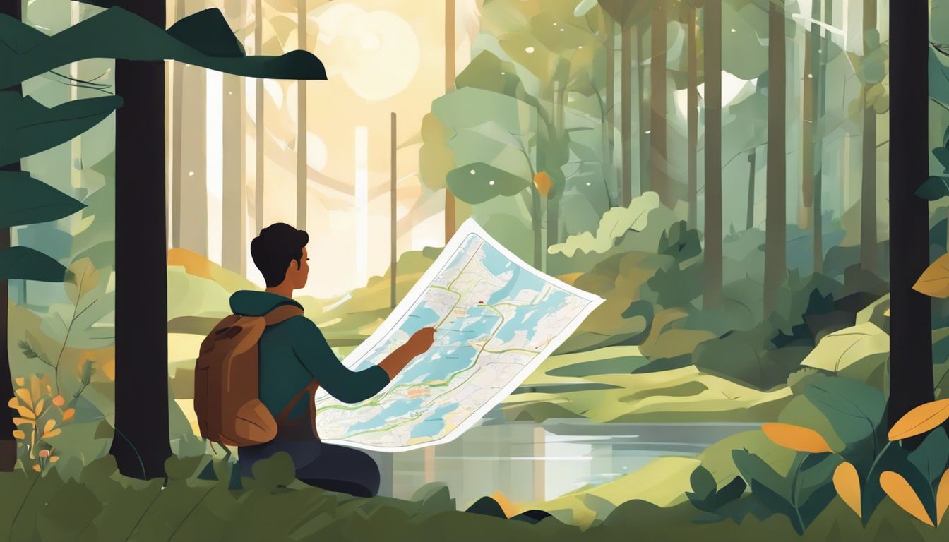 Person holding personalized map in peaceful woodland setting with detailed foliage.