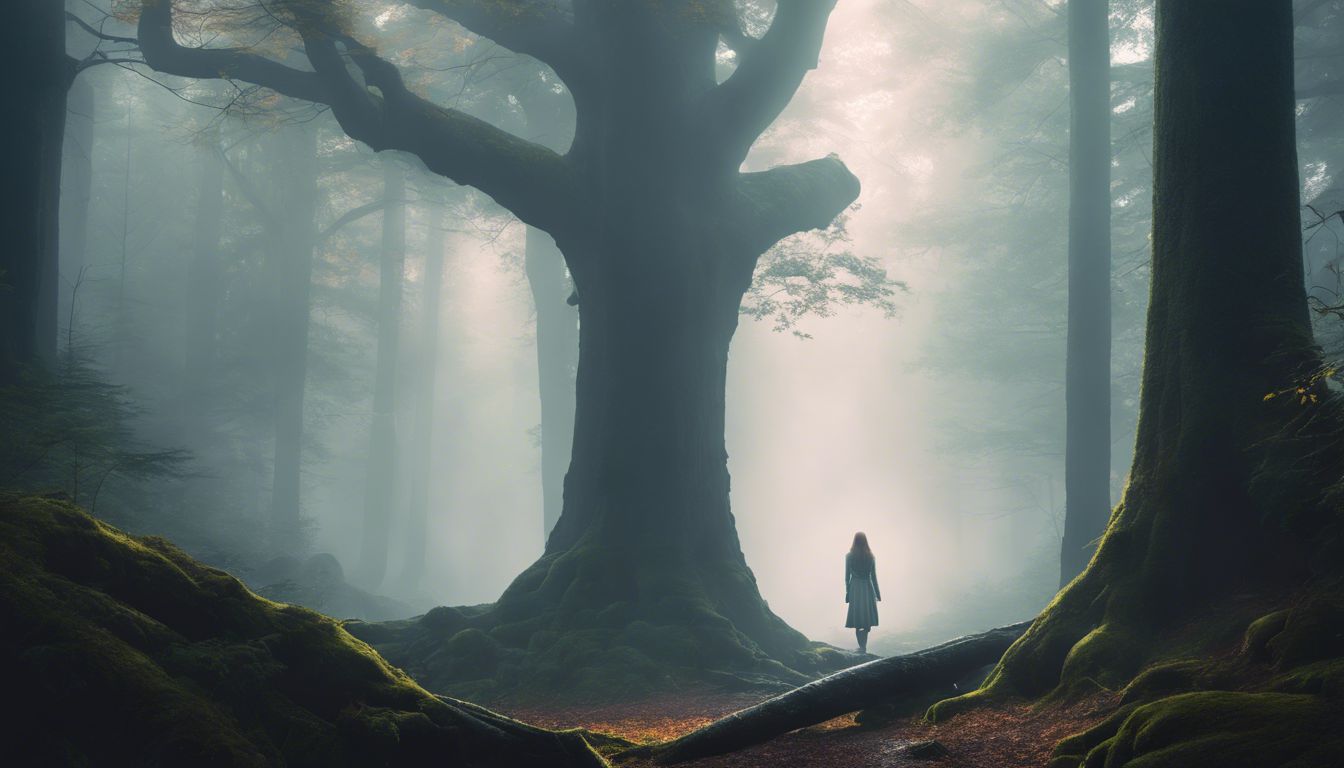 A woman standing alone in a misty forest surrounded by ancient trees.