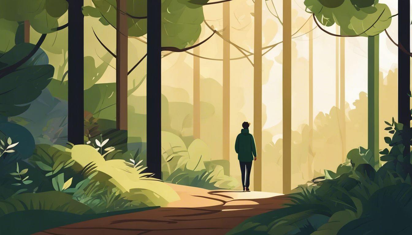 A person standing on a path through a serene forest.