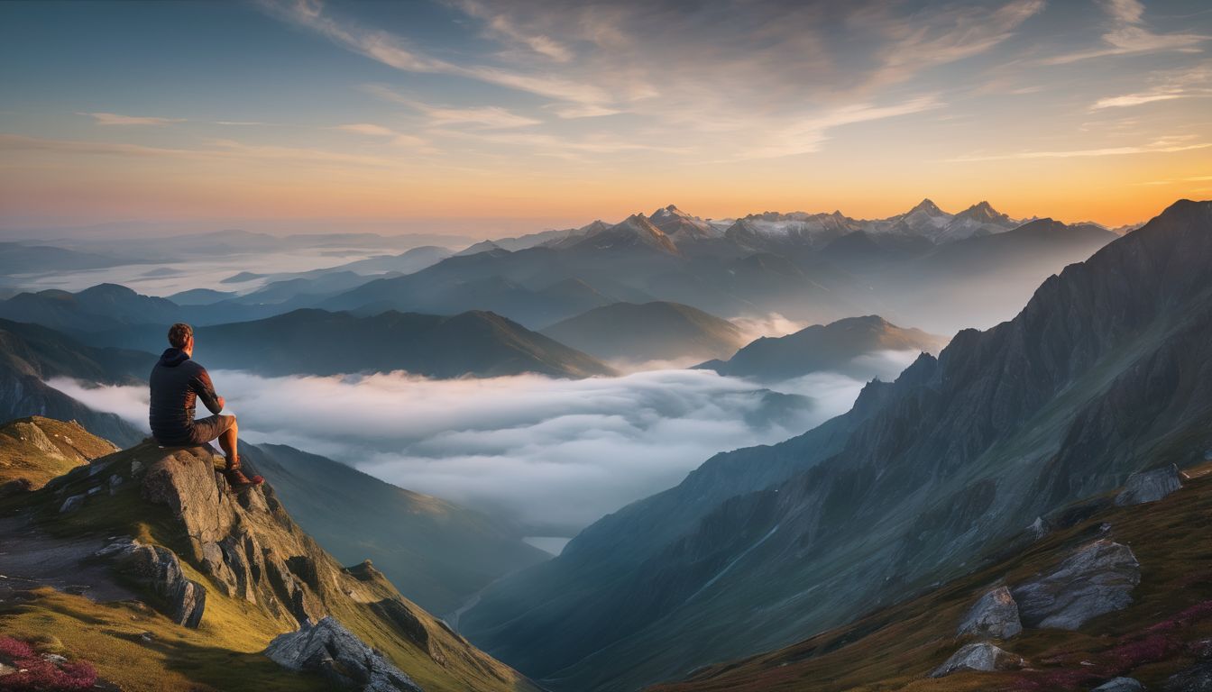 A person sits alone on a misty mountain peak, surrounded by nature.