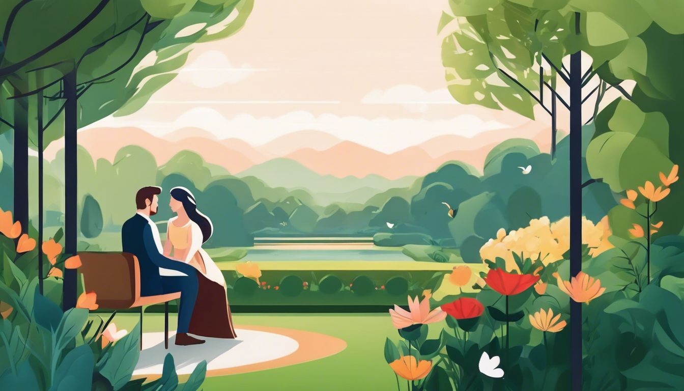 A couple enjoying a serene garden surrounded by lush greenery.