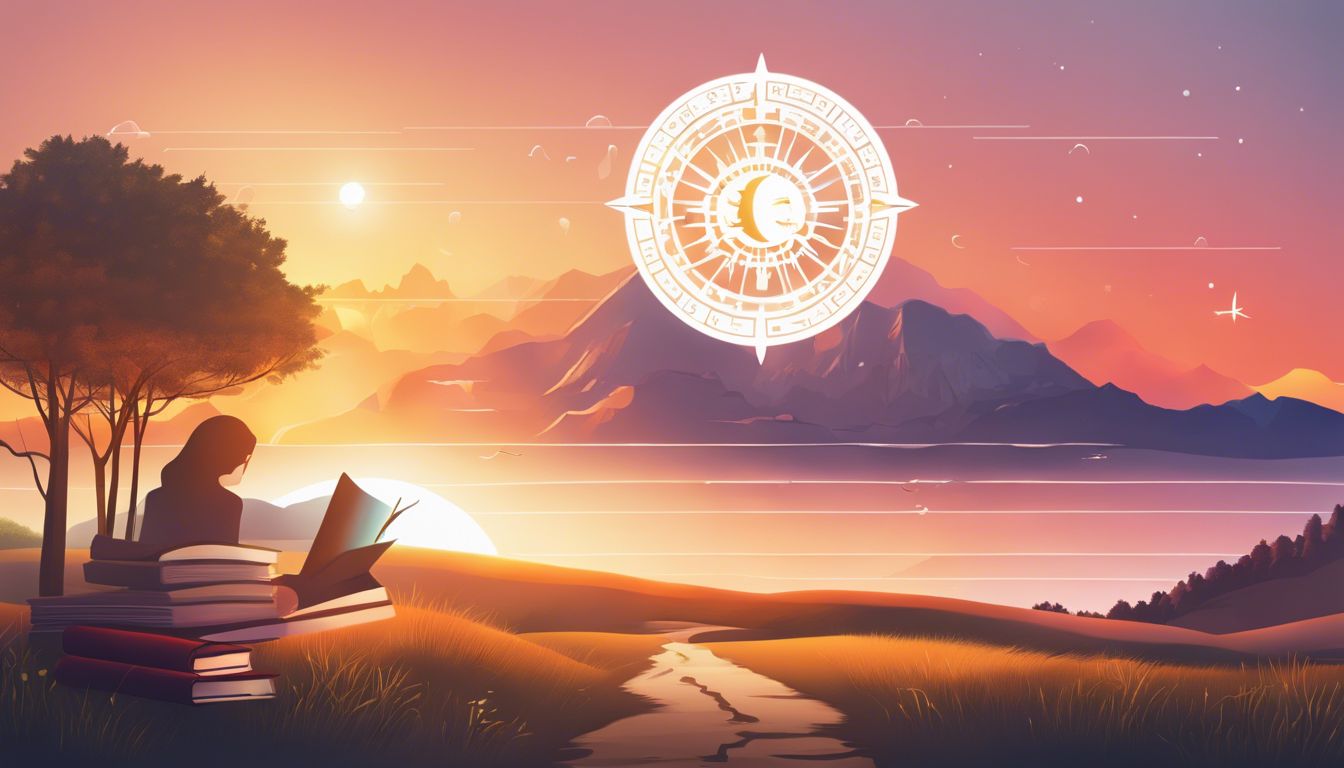 A serene landscape with numerology charts, books, and nature photography.