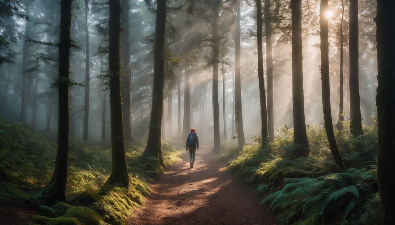 A person walking through a misty forest in different outfits.