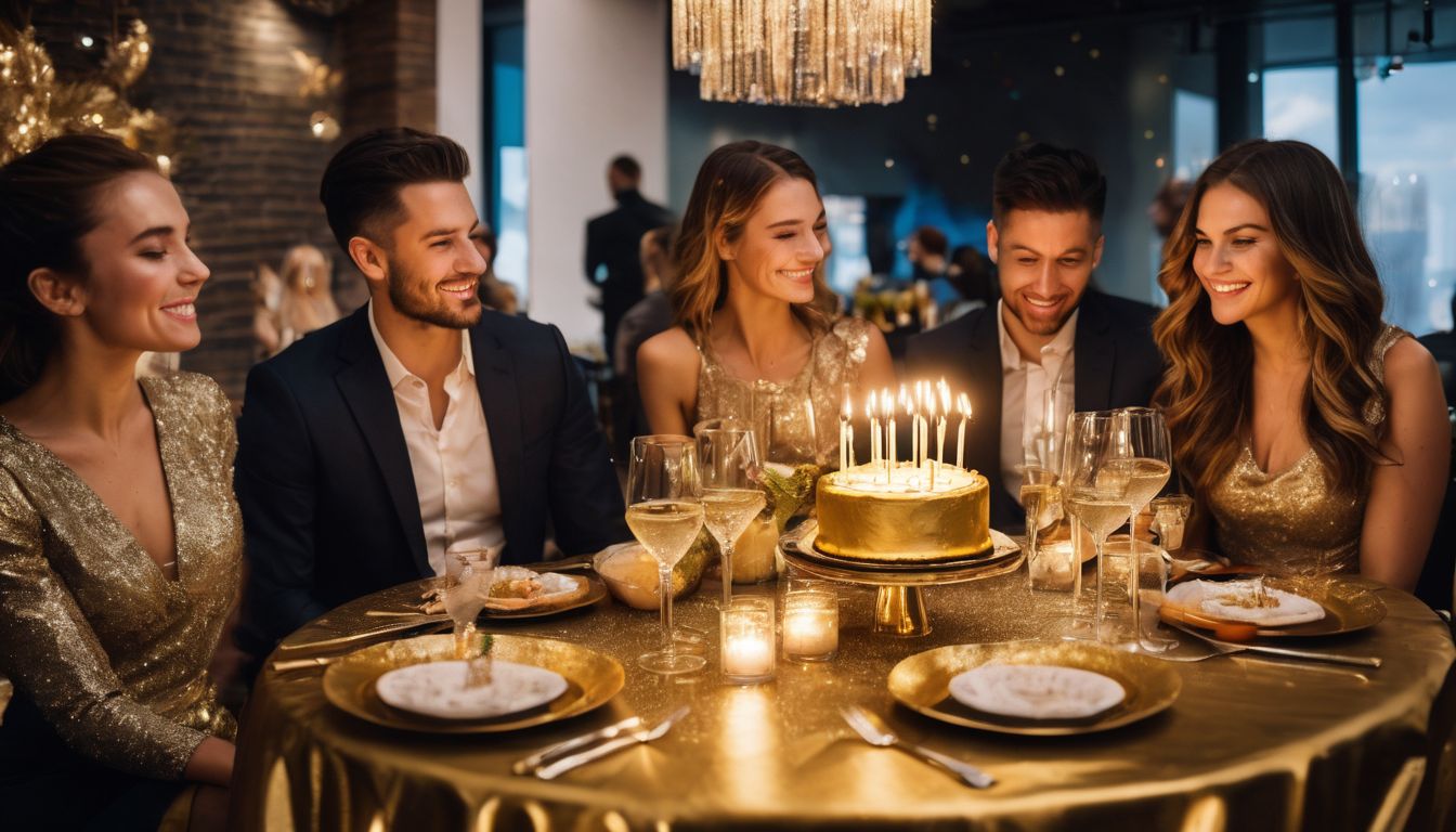 A diverse group of friends celebrating a golden-themed birthday party.