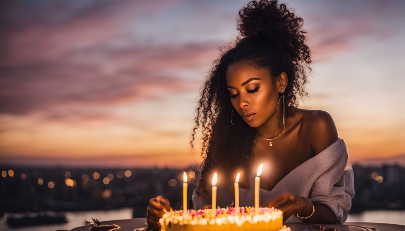 Woman celebrating her 28th birthday with cityscape backdrop.