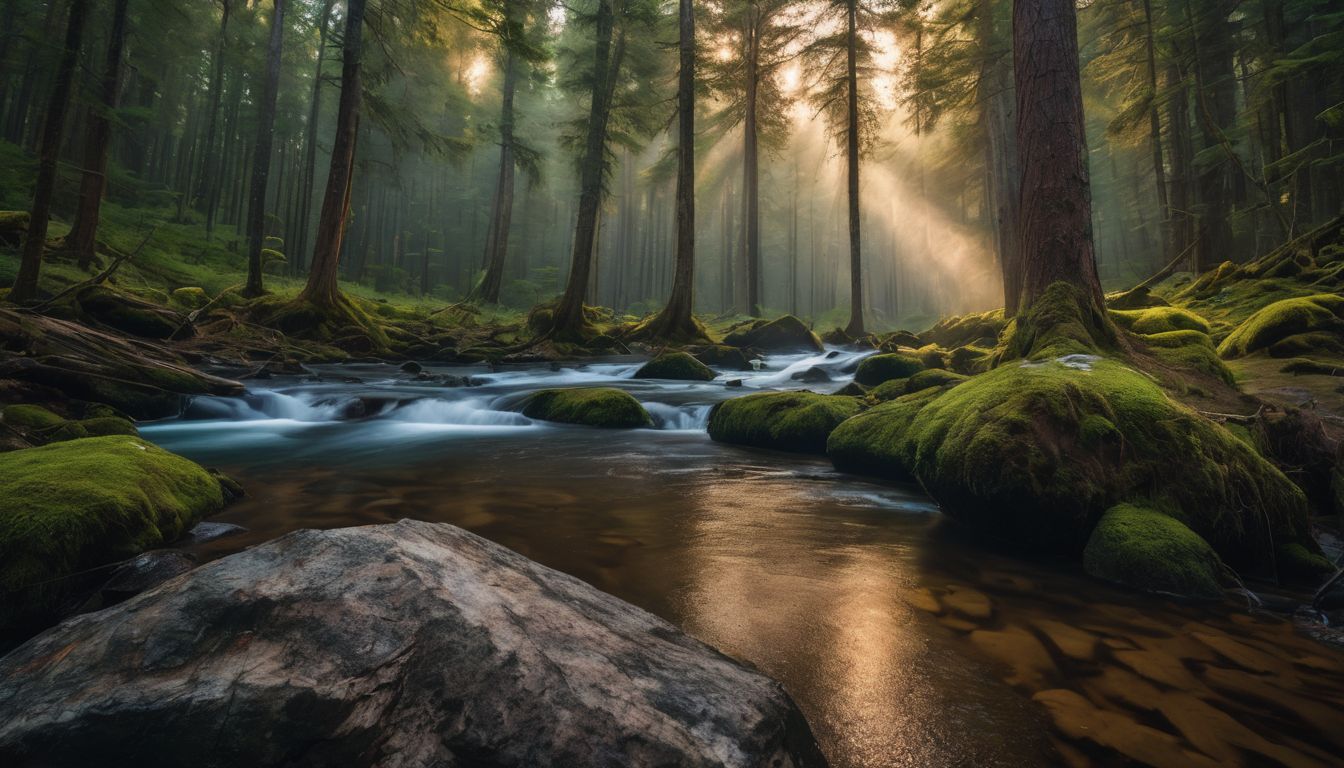 A person standing in a serene forest surrounded by tall trees.